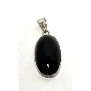 Black Onyx Sterling Silver Pendant Stamped 925-Large Stone-Cobachone-Vntg1990s